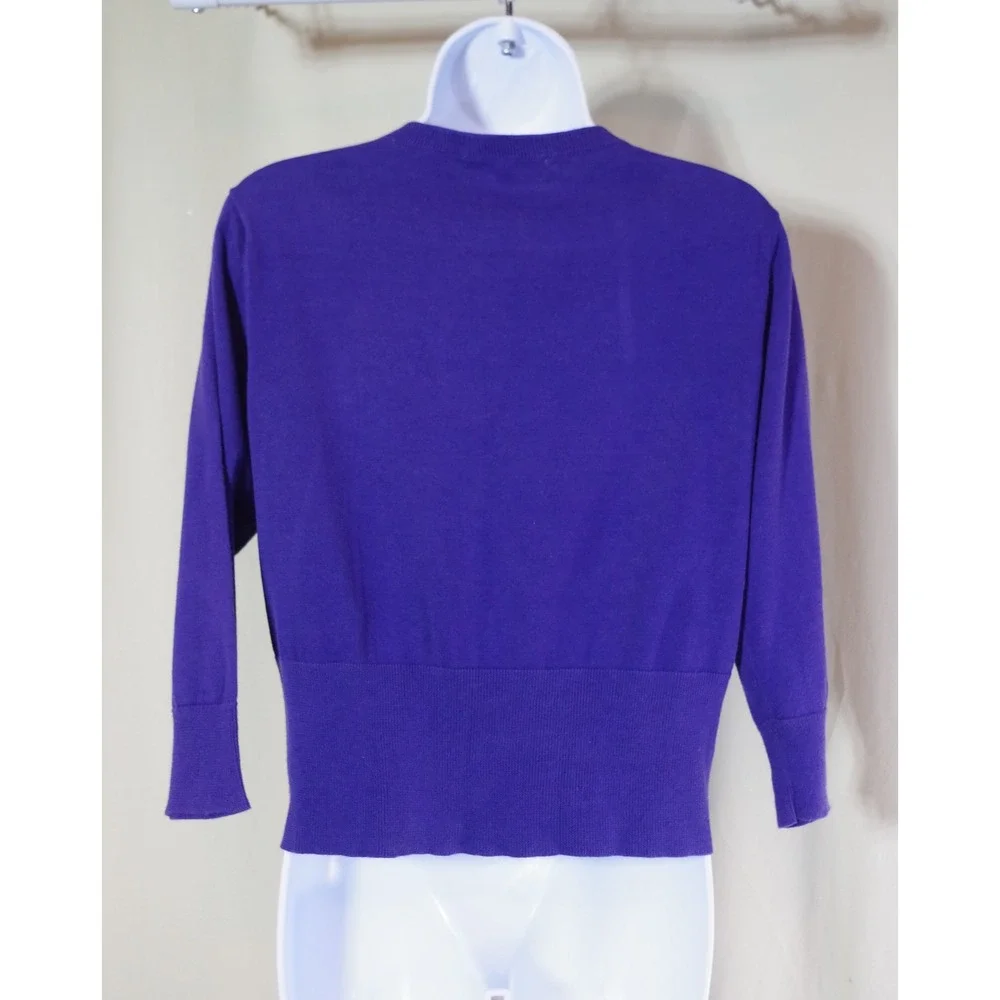 Cabi Large Purple Button Front Cardigan Sweater 3/4 Sleeve Crew Neck Cropped